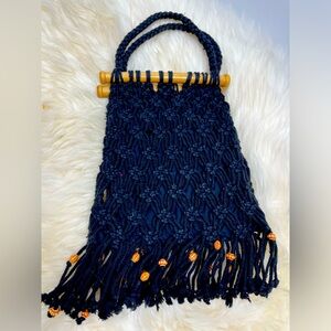 Macrame & Wood Beaded Fringe Handbag Vintage 70’s Crochet Boho